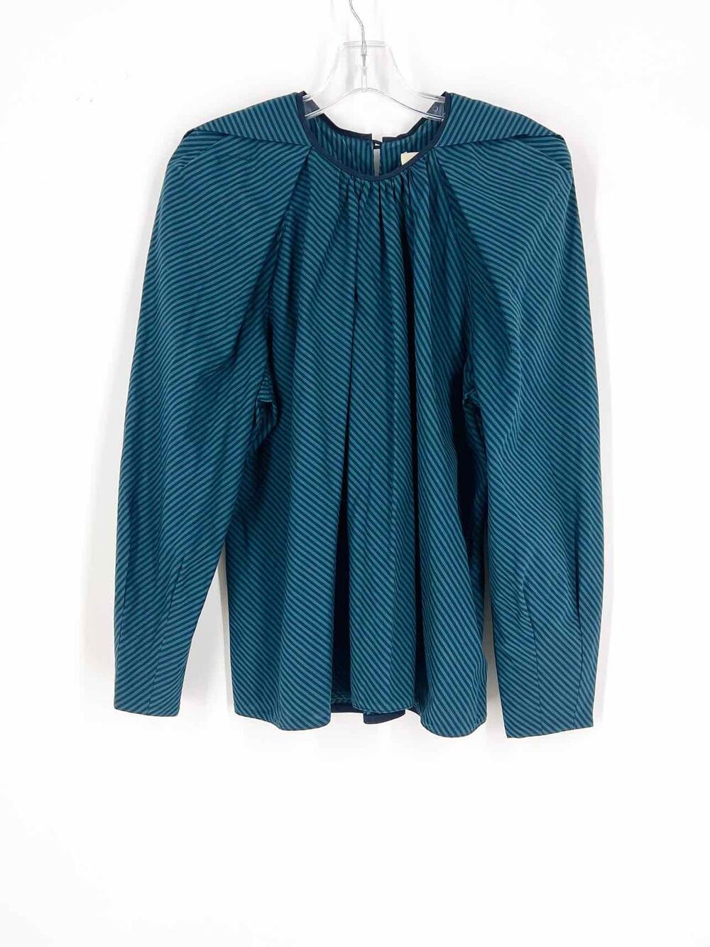 Tish Cox Size L Teal/Navy Stripe Pleated Designer Top-Long Sleeve